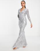 Goddiva Embroidered Plunge Long Sleeved Maxi Dress In Silver-gray