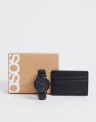Asos Design Gift Watch With Card Holder In Black Leather