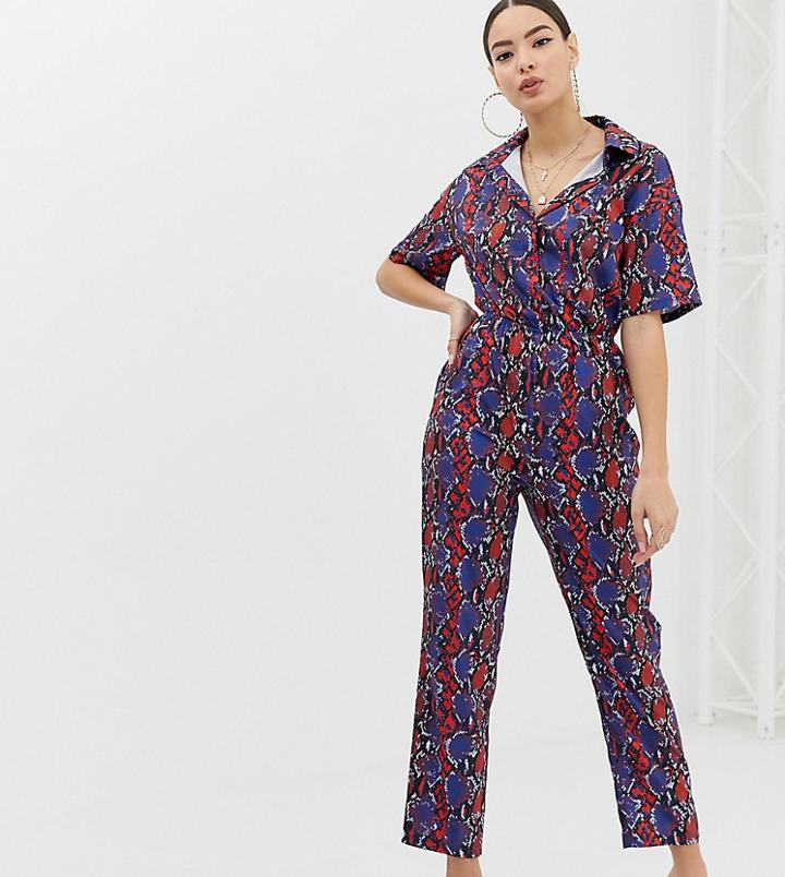 Missguided Shirt Ruched Waist Jumpsuit In Red And Blue Snake Print - Multi