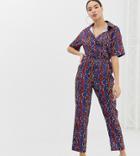 Missguided Shirt Ruched Waist Jumpsuit In Red And Blue Snake Print - Multi