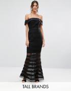 Jarlo Tall Allover Lace Bardot Midi Dress With Fluted Hem - Black