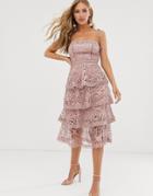 True Decadence Premium Square Neck Cami Midi Dress In All Over Lace With Tiered Skirt In Soft Pink - Pink