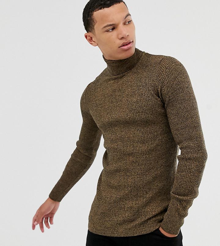 Asos Design Tall Knitted Ribbed Roll Neck Sweater In Tan Twist