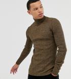 Asos Design Tall Knitted Ribbed Roll Neck Sweater In Tan Twist
