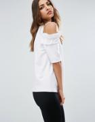 Asos Top With Ruffle Cold Shoulder In Ponte - White