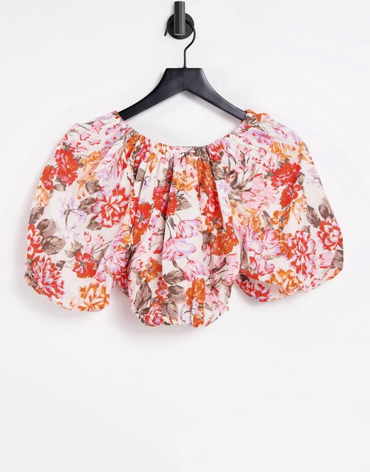 River Island Floral Puff Sleeve Crop Top In Orange