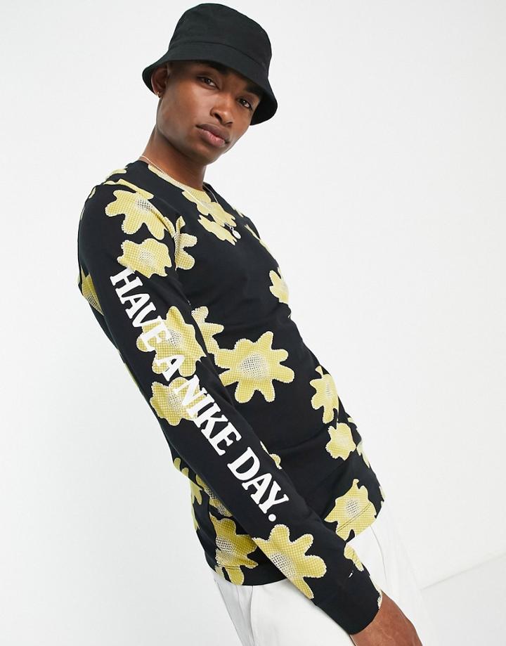 Nike Statement Floral Print Long Sleeve T-shirt In Black