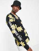 Nike Statement Floral Print Long Sleeve T-shirt In Black