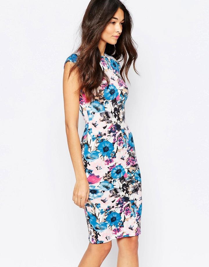Club L Cap Sleeve Midi Dress In Watercolour Floral Print - Black