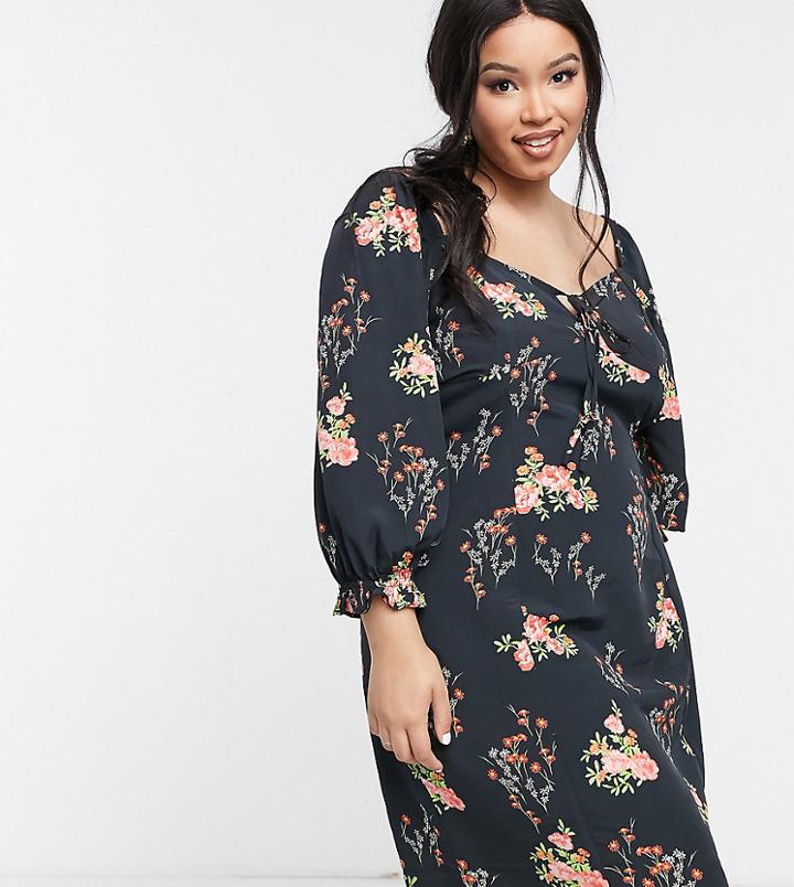 Glamorous Curve Milk Maid Mini Dress In Dark Bloom Floral-black