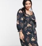 Glamorous Curve Milk Maid Mini Dress In Dark Bloom Floral-black
