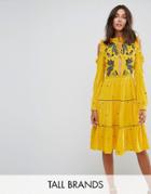 Frock And Frill Tall Cold Shoulder Velvet Smock Dress With Floral Embroidery - Yellow
