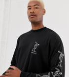 Asos Design Tall Oversized Long Sleeve T-shirt With Back And Sleeve Print - Black