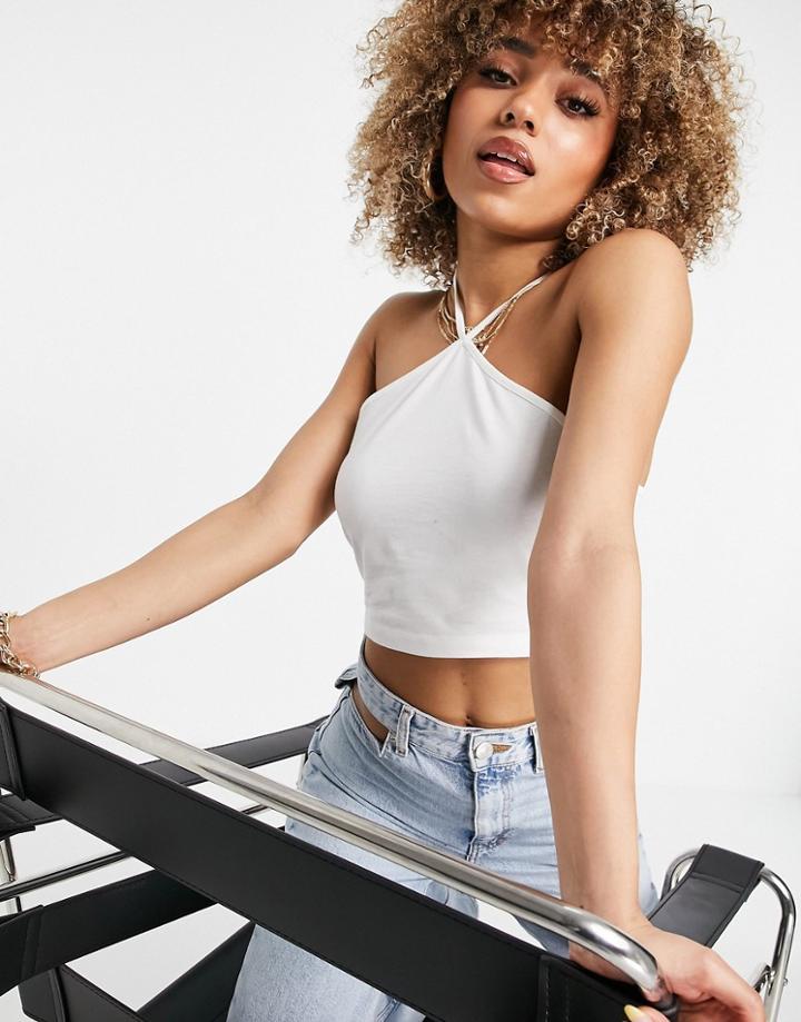 Na-kd Organic Cotton Halter Neck Crop Top In White
