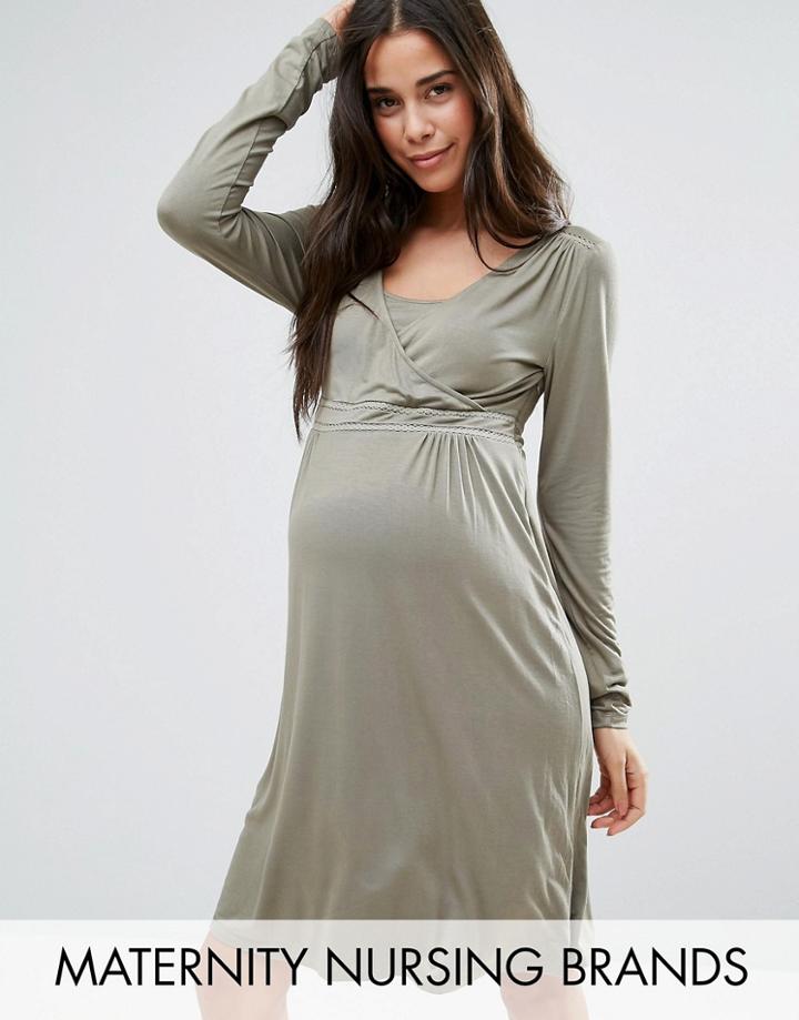 Mama. Licious Nursing Wrap Front Skater Dress With Crochet Insert - Stone