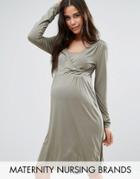 Mama. Licious Nursing Wrap Front Skater Dress With Crochet Insert - Stone