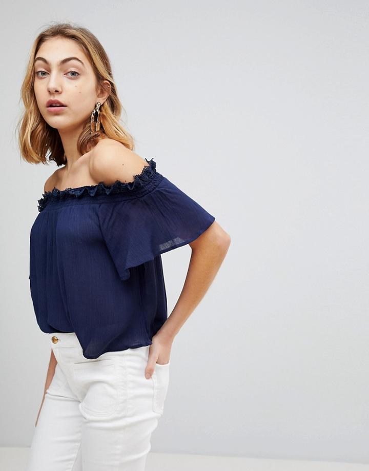 Lunik Bardot Top With Ruffle Trim - Navy