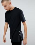 Asos Longline T-shirt With Eyelet And Ring Side Seam Detail - Black
