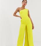 Yaura One Shoulder Wide Leg Jumpsuit With Train Detail In Lime-green