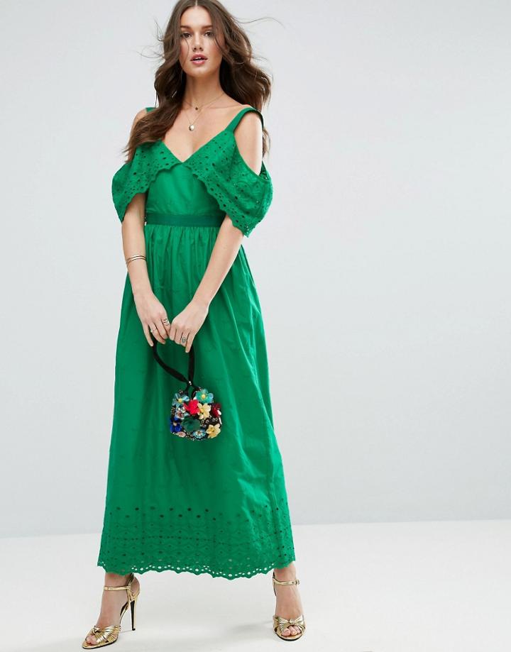 Asos Cold Shoulder Broderie Maxi Dress - Green