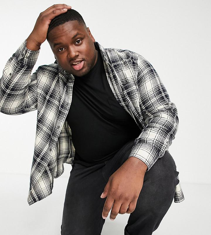 French Connection Plus Long Sleeve Flannel Shirt In Ecru/navy