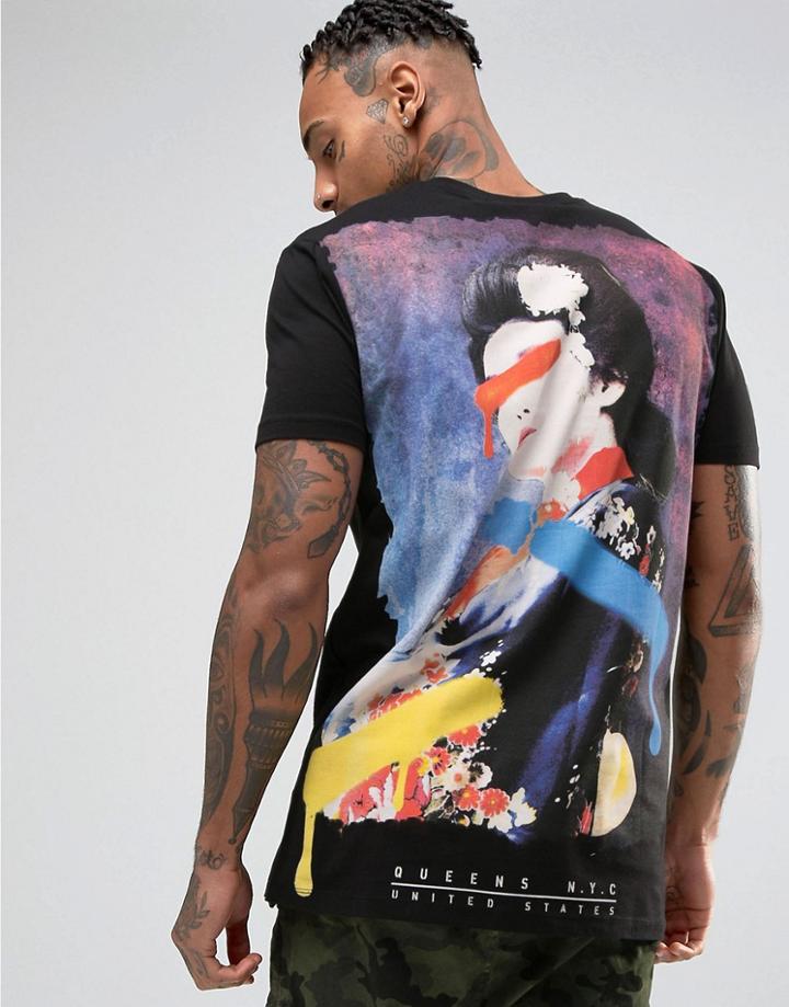 Asos Longline T-shirt With Painted Lady Back Print - Black