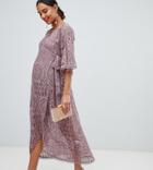 Asos Design Maternity Lace Wrap Midi Dress-pink