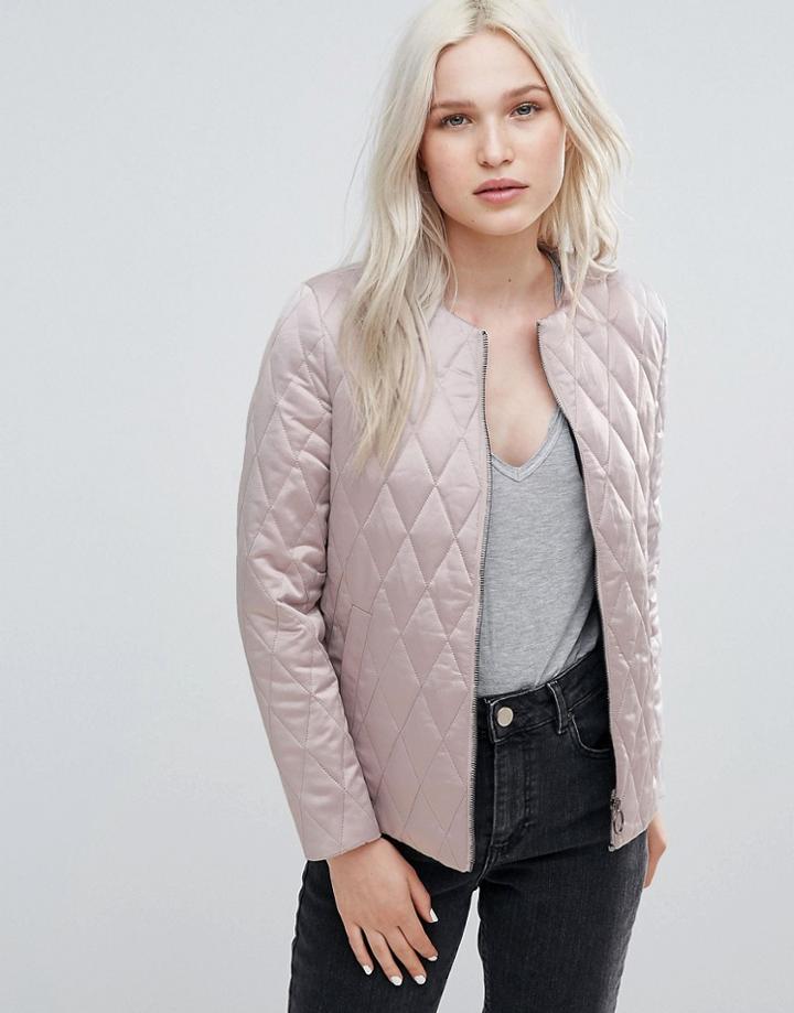 Neon Rose Quilted Collarless Luxe Bomber Jacket - Pink