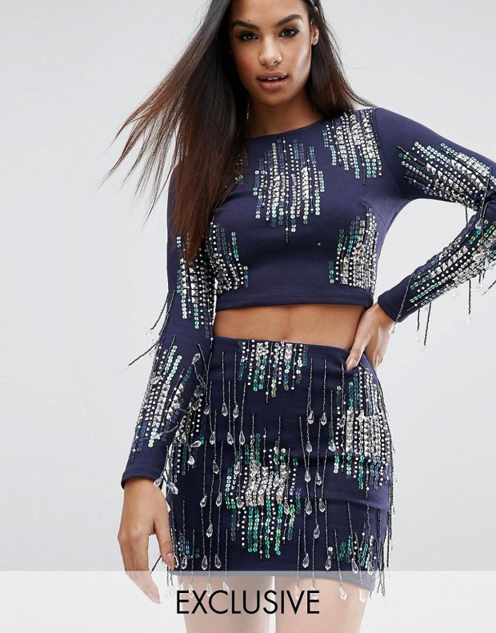 Starlet Long Sleeved Embellished Crop Top With 3d Fringing - Navy