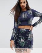 Starlet Long Sleeved Embellished Crop Top With 3d Fringing - Navy