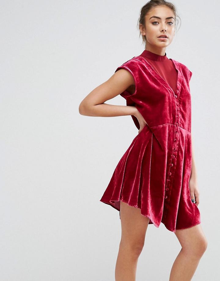Asos Premium Smock Dress In Velvet With Chiffon Insert - Red