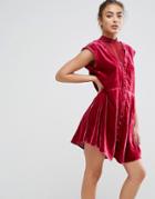 Asos Premium Smock Dress In Velvet With Chiffon Insert - Red