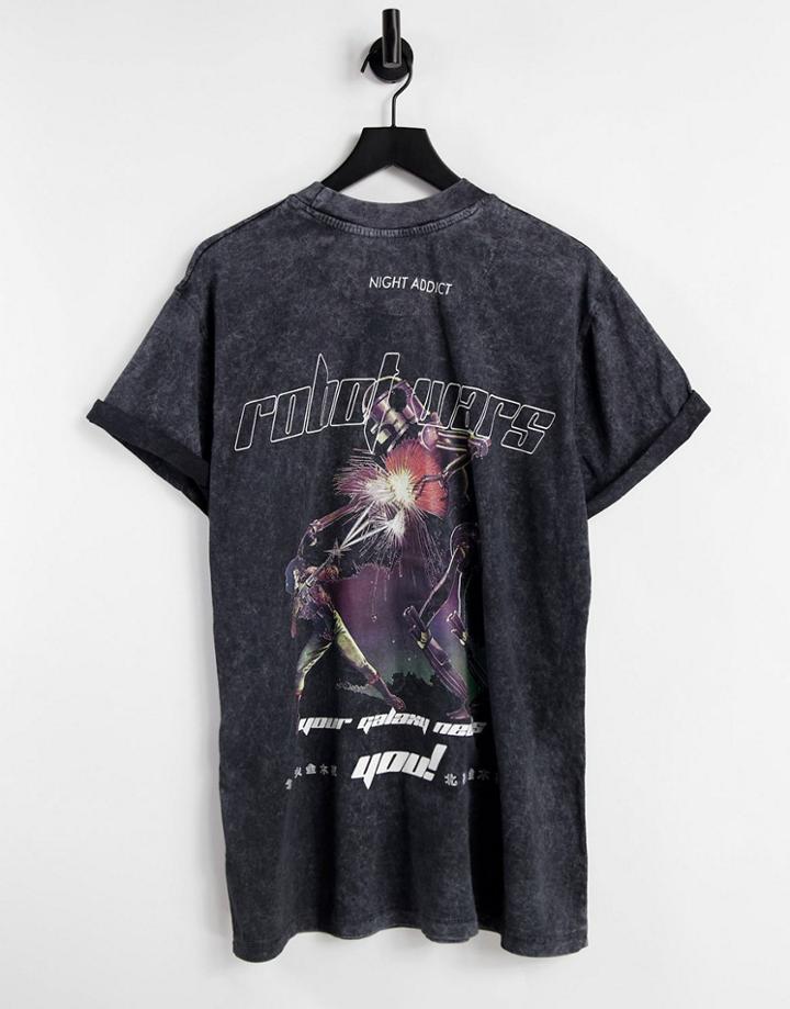 Night Addict Robot Wars Chest Print T-shirt In Acid Wash Black