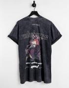Night Addict Robot Wars Chest Print T-shirt In Acid Wash Black