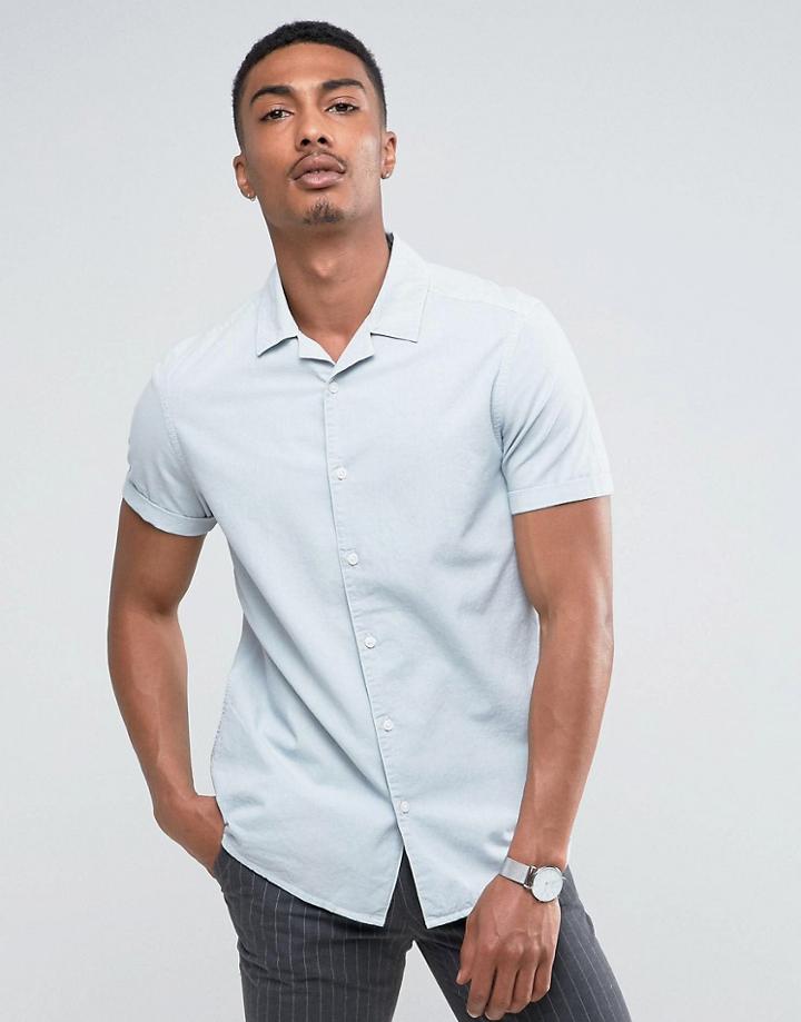 Asos Regular Fit Laundered Shirt With Revere Collar In Pale Blue - Blue