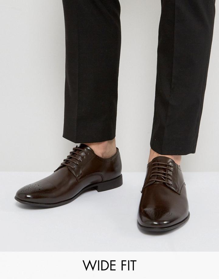 Asos Wide Fit Brogue Shoes In Brown Faux Leather With Toe Detail - Brown