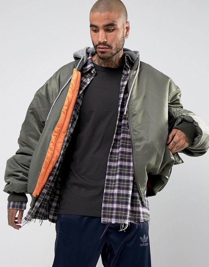 Sixth June Super Oversized Bomber Jacket In Khaki With Jersey Hood - Green