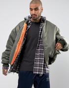 Sixth June Super Oversized Bomber Jacket In Khaki With Jersey Hood - Green