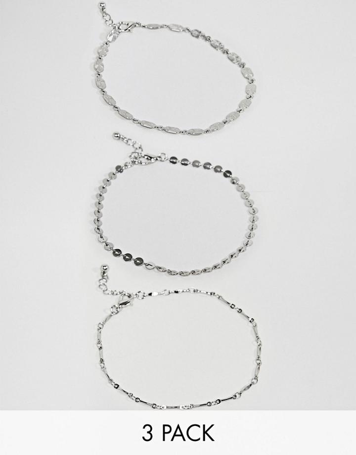 Asos Design Pack Of 3 Disc And Engraved Link Chain Anklets - Silver