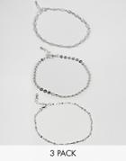 Asos Design Pack Of 3 Disc And Engraved Link Chain Anklets - Silver