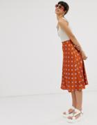 Monki Polka Dot Satin Midi Skirt In Rust And Lilac-orange