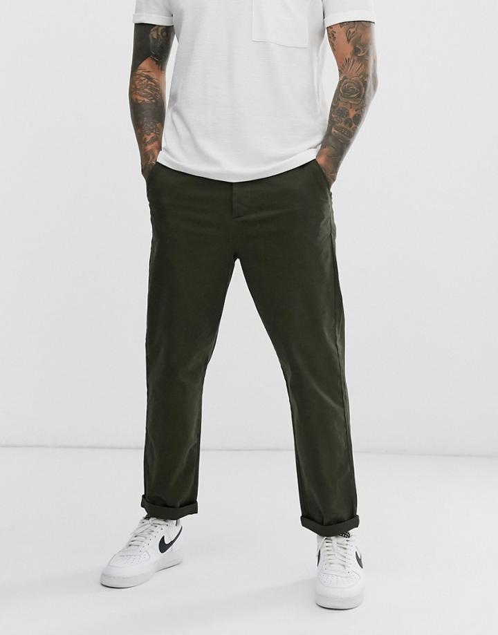 Asos Design Relaxed Chinos In Dark Khaki-green