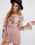Young Bohemians Romper With Delicate Floral Sequin - Pink