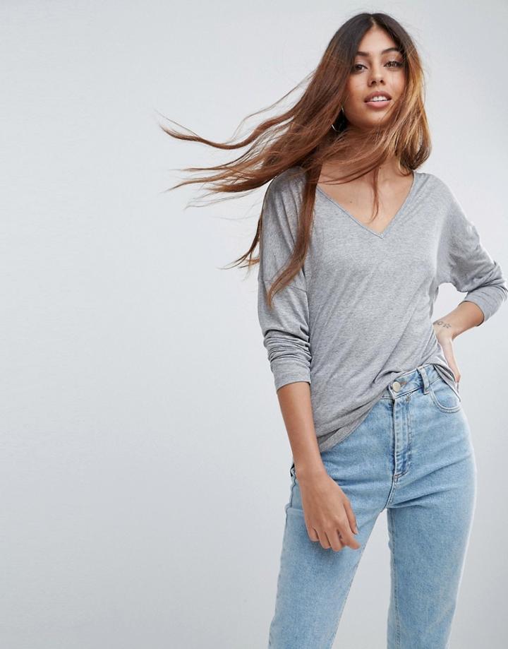 Asos V-neck Slouchy T-shirt With Long Sleeves - Gray