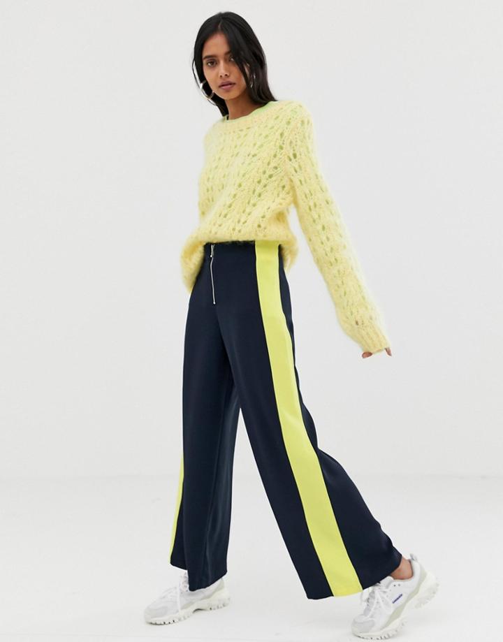 Weekday Zip Front Panel Stripe Wide Leg Pants In Navy - Navy