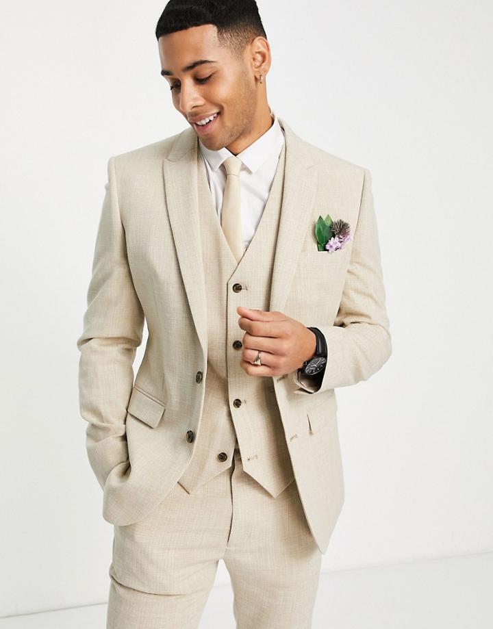 Asos Design Wedding Super Skinny Suit Jacket In Camel Crosshatch-neutral