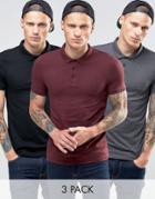 Asos 3 Pack Jersey Muscle Polo In Rosewood Charcoal Marl And Black - Multi