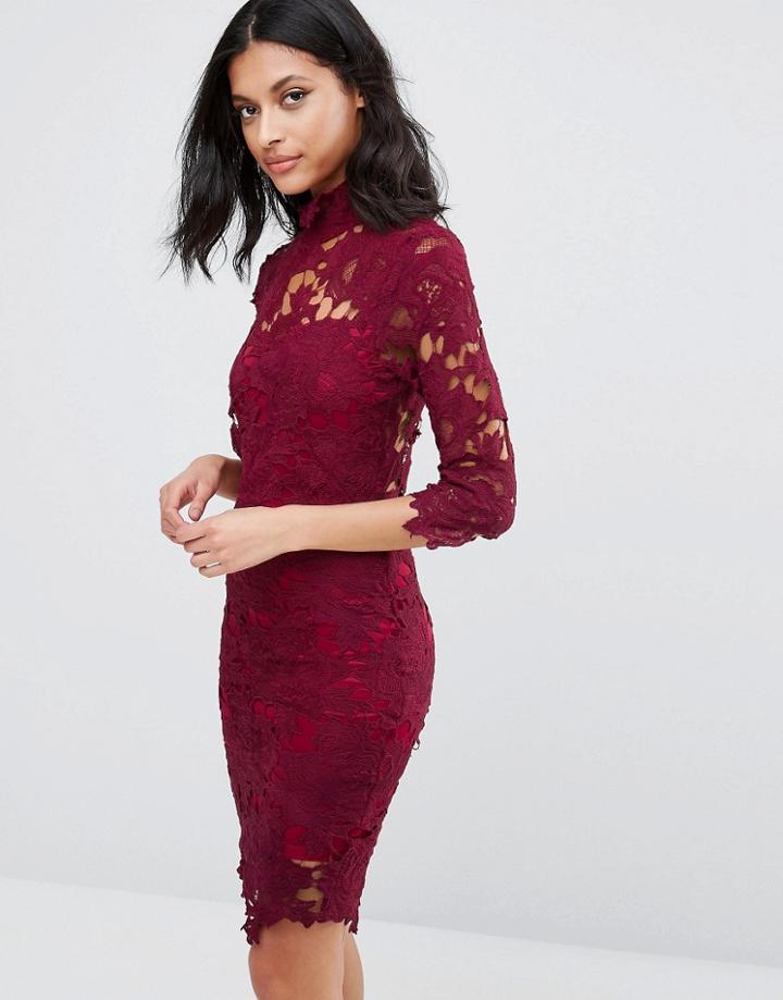 Club L High Neck Crochet Lace Detail Pencil Dress - Pink