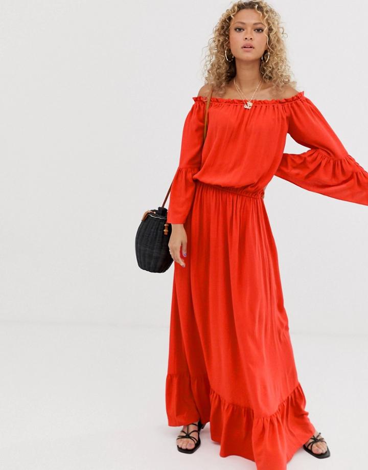 Asos Design Off Shoulder Maxi Dress In Crinkle-red