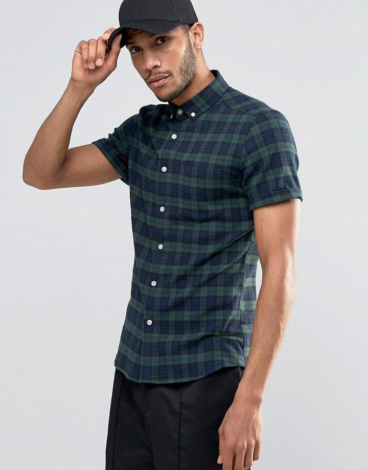 Asos Skinny Check Shirt In Khaki Flannel With Short Sleeves - Khaki